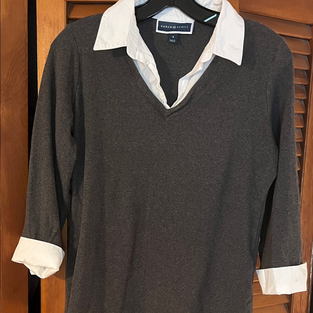 Karen Scott Charcoal V-Neck Shirt with White Accents